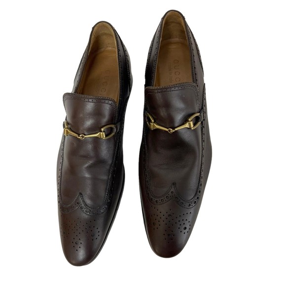 Gucci Men Shoes Brown Leather Sz 8.5 Loafer Slip On Horsebit Wingtip Italy - Picture 3 of 12